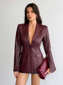 SHEIN Tall 女士复古酒红色腰部皮革PU西装外套，秋冬季女士办公室性感女郎万圣节服装感恩节服装圣诞节服装 - 酒紅色 - 查看 8