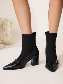 CUCCOO CHICEST Women's Pointed Toe Buckle Design Fashion Daily Wear High Heel Mid-Calf Boots - Black - View 6