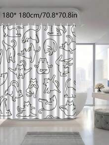 1件装简约可爱治愈系猫咪图案浴帘，高端优雅浴室窗帘，多用途窗帘，浴室装饰图案浴室配件 - 線條貓 - 查看 6