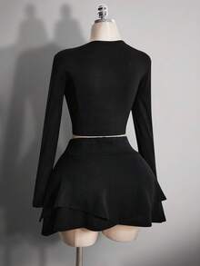 SHEIN ICON 大码女装 Y2K 镂空性感针织上衣，双层蛋糕裙 - 黑色 - 查看 10