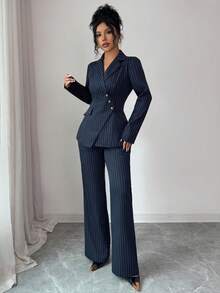 SHEIN PETITE 女士藏蓝色条纹V领不对称前袋设计收腰优雅职业套装，适合工作、生日、约会、派对、正式活动、鸡尾酒会、音乐节、情人节、复活节、劳动节、返校季、单身派对、春夏套装 - 藏蓝色 - 查看 6