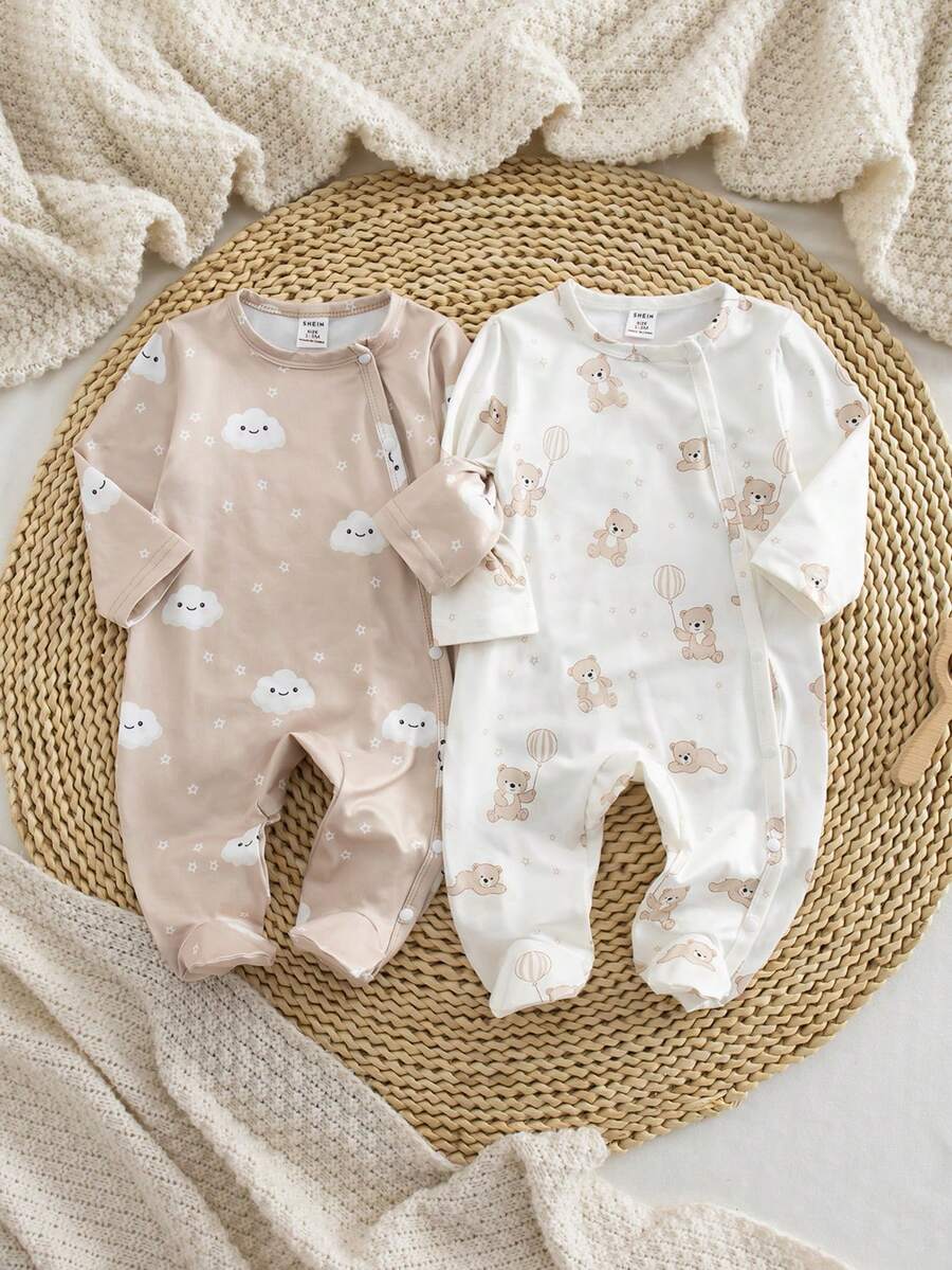 Newborn Baby Boy Knitted Crew Neck Long Sleeve Footed Pants 2-Piece Outfit, Cloud & Cute Bear Pattern, Autumn/Winter Pajamas Set - Multicolor - View 1