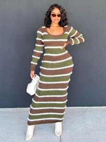 Alexandranx Nuevo vestido midi ajustado con tirantes de estilo vintage a rayas en contraste de color verde y café, versátil desde principios de otoño hasta el profundo invierno - Café integral - Ver 4
