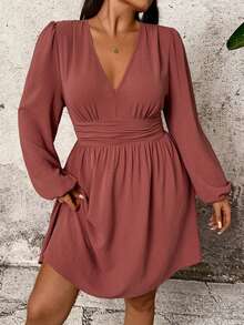 EMERY ROSE Plus Size Women V-Neck Ruched Waist Puff Sleeve Mini Dress - Redwood - View 5