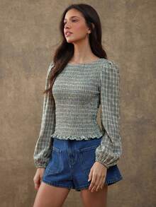 WESTFADE Áo thun ôm sát cổ thuyền tay dài, dệt kẻ caro, viền bèo nhún, tay phồng - Màu xanh nhạt - Xem 5