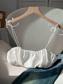 Comfortcana Women Solid Color Pleated Strap Casual Daily Wear Spring Summer Tank Top - White - View 2