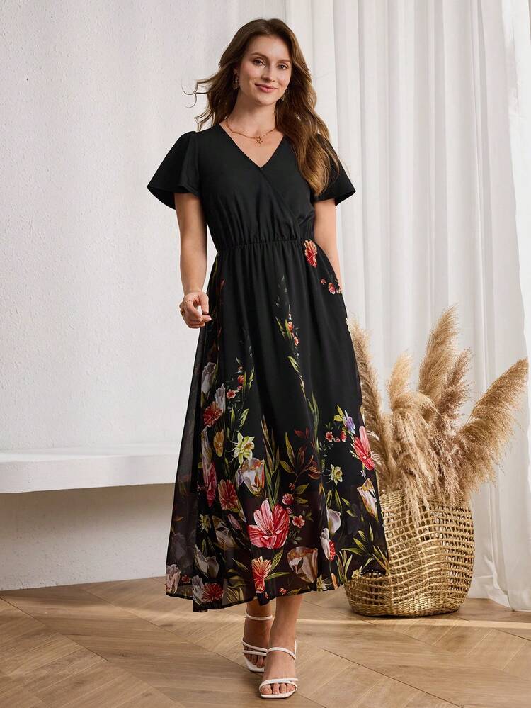 This Women's Vacation Dress Features A Classic Pure Black Base Adorned With Colorful Floral Prints, Creating A Vibrant And Romantic Atmosphere. The Watercolor-Like Floral Pattern Adds A Touch Of Understated Luxury And Style. The Design Includes A V-Neck With Short Flutter Sleeves And A Fitted Waist With A Full Skirt. A Belt Accentuates The Figure, And The Flowing Silhouette Balances Comfort And Elegance. Perfect For Spring And Summer, This Dress Is Ideal For Casual Vacations And Relaxed Outings. The Black Background With Floral Prints Conveys A Romantic Feel While The Fitted Waist Showcases Sophisticated Style, Making It A Versatile And Stylish Choice For Your Spring/Summer Wardrobe.