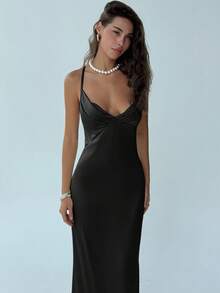 Aloruh 优雅纯色美人鱼下摆吊带连衣裙，休闲及派对皆宜 - 黑色 - 查看 4