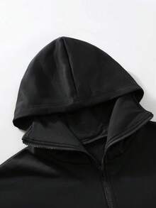Manfinity EMRG Plus Size Men's Casual Solid Color Zip-Up Hoodie,Vintage,Personalised ,Vacation,Men's,Party,Y2k,Summer,Festival,New Years,Search,Double-Hat Structure Of Face Mask And Cap - Black - View 3