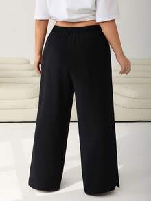 Solflare Plus Size Women's Casual Everyday Commute Simple Versatile 100% Cotton Solid Color Textured Fabric Drawstring Waist Loose Wide Leg Pants - Black - View 2