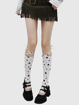 Kawaii 1 Coppia di scaldamuscoli con stampa a stelle bianche e nere, con cinturini incrociati, stile minimalista Millennium Babe, versatili per donna, adatti per uso quotidiano, scuola, appuntamenti, feste e altre occasioni