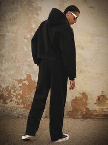 PAVTROS Sudadera con capucha de unicolor y pantalón de chándal casual para hombre, otoño/invierno - Negro - Ver 2