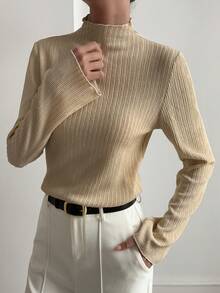 DAZY Women's Casual Solid Color Turtleneck Long Sleeve T-Shirt - Apricot - View 3