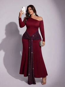 Viva Relle Plus Size Women's Sexy Long Sleeve Sequin Patchwork High-End Design Lightweight Dress, Elegant Flared Dress For Party, Wedding, Valentine's Day - Burgundy - View 5