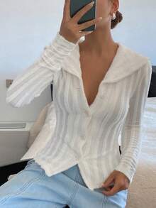 DAZY قميص كاجوال بأكمام طويلة وياقة للنساء من قماش ذو ملمس نسيجي وقصة ضيقة - بيج - مشاهدة 2