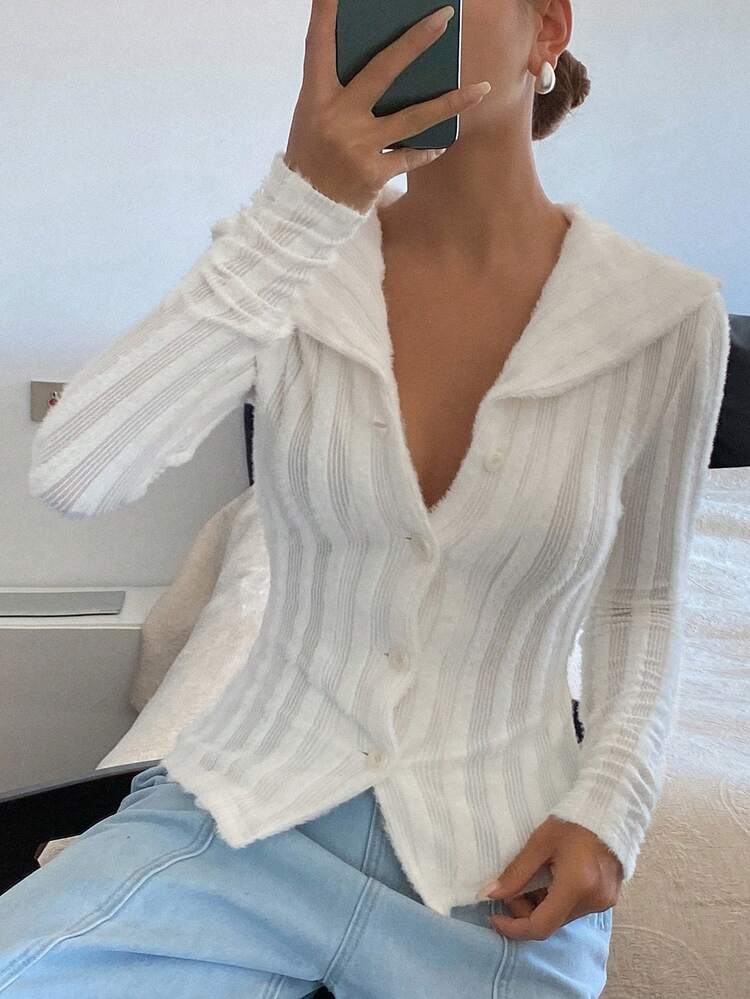 Women's Collared Textured Fabric Slim Fit Long Sleeve Casual T-Shirt