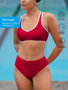 Swim Nautrix 女士专业赛车交叉露背撞色露脐红色泳装套装 夏季时尚圆领无袖露背纯色休闲度假运动女士沙滩比基尼夏季泳装上衣 女士泳衣上装 运动比基尼泳装 女士泳衣套装 - 紅白色 - 查看 1