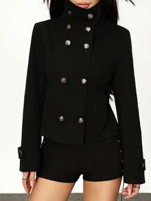 Rina Fox 女士黑色双排扣金属纽扣高领长袖短款休闲外套，适合新年、感恩节、派对、办公室等场合穿着。 - 黑色 - 查看 2