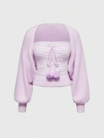 Kawaii 2 pezzi/set Top tubo e maglione con maniche a lanterna, stile estetico dolce e versatile per donna, autunno/inverno