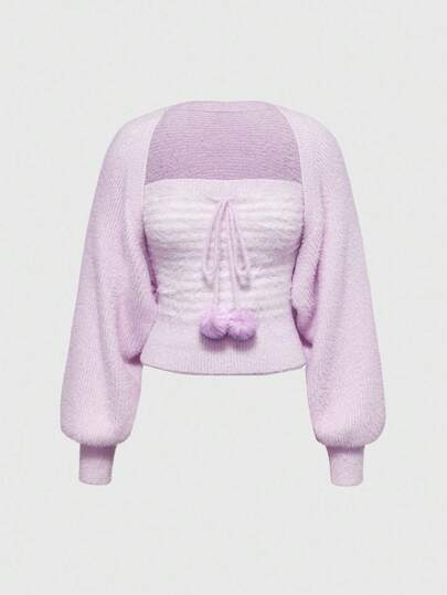 Kawaii Set de 2 piezas: Top tubo blanco versátil y estético para chica dulce + Suéter de manga farol, para otoño/invierno