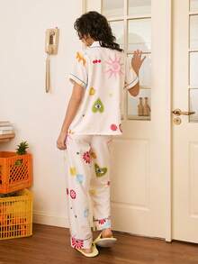 Chillnights Heart & Sun Graphic Print Lapel Short Sleeve Women Pajama Set, Fashionable - Multicolor - View 2