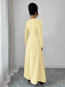 Elenzga 女士优雅纯色圆领交叉系带A字长袖连衣裙，适合休闲、通勤、度假、下午茶、圣诞派对等场合。 - 黃色 - 查看 2