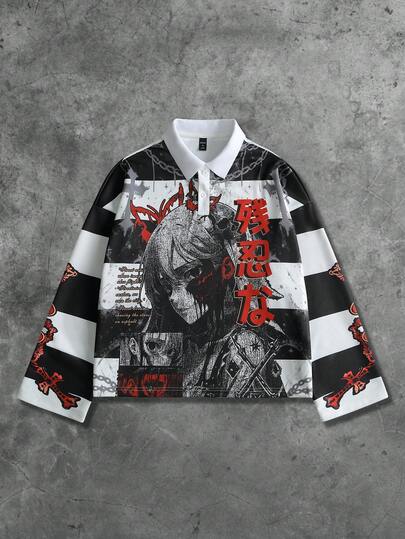 Street Life Herren Retro Jungfrau Maria gestreifter englischer Grafik-Muster Street Style Pullover Sweatshirt