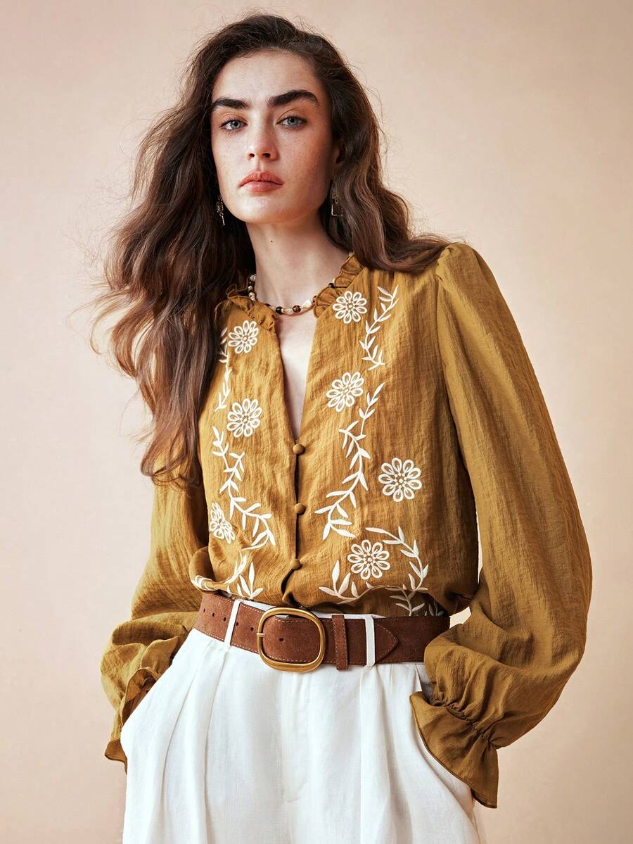 Arave Women's VISCOSE Fabric, V-Neck With Notched Details, Ruffled Edges, Straight Shoulders, Long Sleeves, Gathered Details, Full-Row Button Embroidery Design, Casual Everyday Regular Shirt New Year - Olive Green - View 1