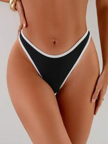 Swim Basics Women's Summer Beach Trim Sexy Bikini Bottom - Black and White - View 2