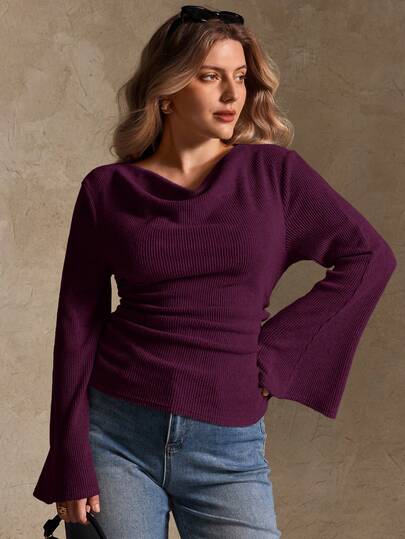 Elegantrix 大码女式宽松领喇叭袖收腰褶皱雪纺针织休闲上衣，秋冬款