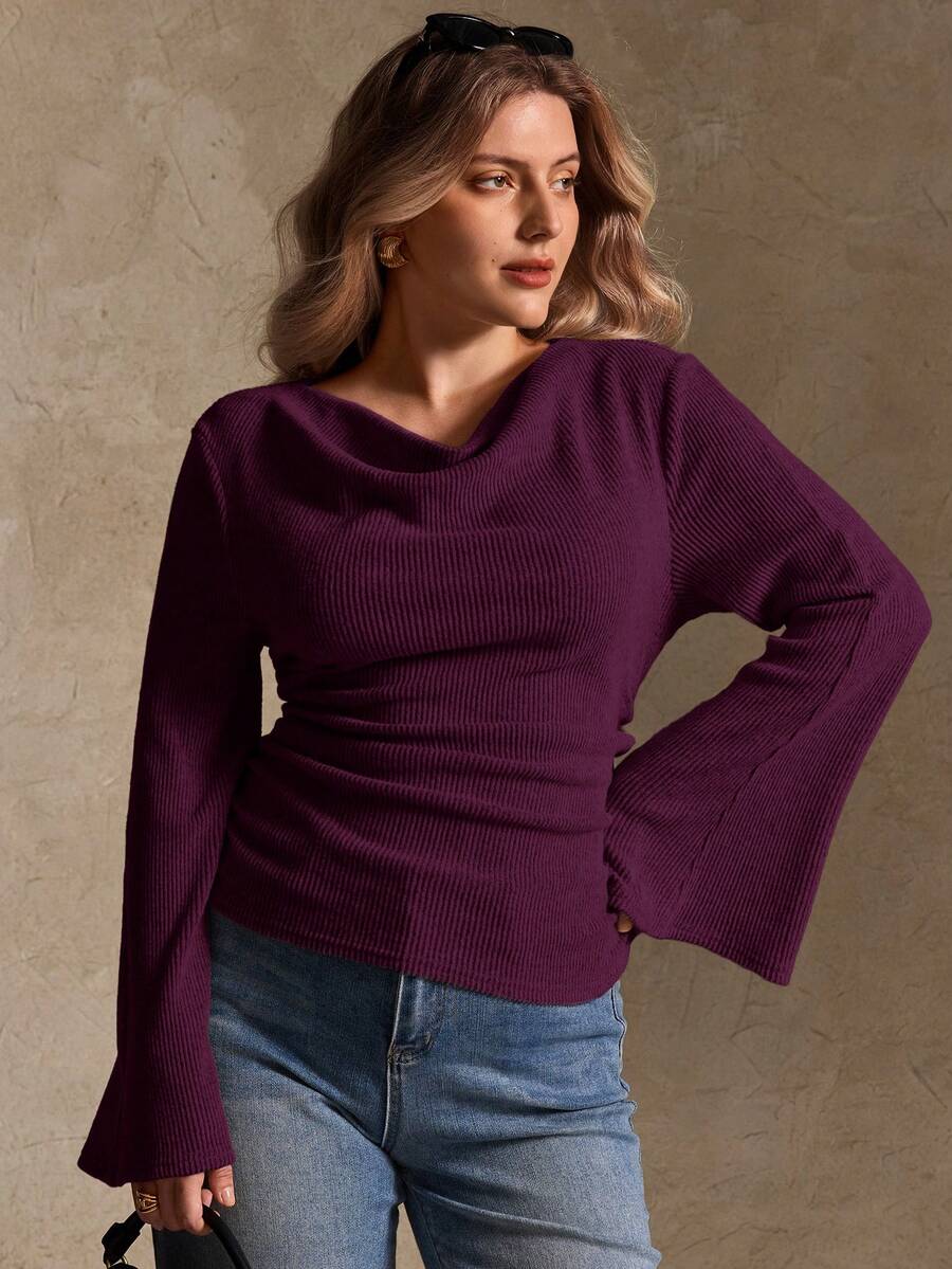 Elegantrix Plus Size Women Loose Collar Flare Sleeve Gathered Waist Ruched Chiffon Knit Casual Top, Autumn/Winter - Burgundy - View 1