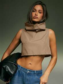 Denimoi Cropped Sleeveless Exaggerated Neck Top - Camel - View 1