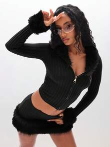 BABYPHAT Knit Cardigan With Luxurious Fur Trim Hood And Cuffs Ribbed Zip Up Fall Winter Cropped Sweater - Black - View 4