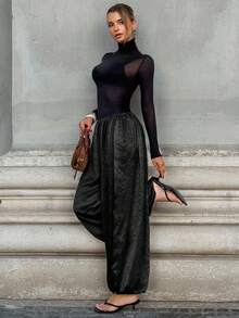 Pantalones sueltos de cintura elástica de unicolor para mujer - Albaricoque - Ver 10