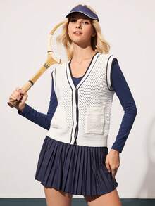 CourtClass Women's Striped Single-Breasted Hollow Pocket Knitted Vest Athleisure Tennis Tennis Sweater Vest Golfing Tennis Vest Pickleball