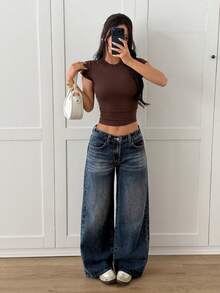 SHEIN PETITE 秋冬季女士休闲度假日常水洗斜插口袋直筒牛仔裤 - 深色水洗藍 - 查看 6