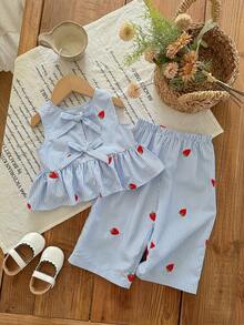 Babygirl Cute Casual Strawberry Striped Bow Decor Camisole & Pants Set - Blue - View 7