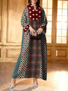 SHEIN Najma Women's Islamic Pattern & Floral Digital Print V-Neck Long Sleeve Elegant Arabic Robe, Spring/Autumn Kaftan Jalabiya Dress - Multicolor - View 5