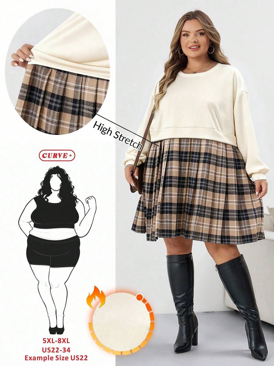 SHEIN CURVE+ فستان بلوزة كبيرة الحجم للنساء مع تصميم رقعي مربعات، مناسب للخريف/الشتاء