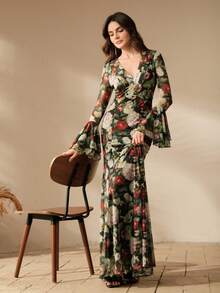 Anewsta Đầm dạ hội in họa tiết, cổ chữ V, xếp ly, chun co giãn, ôm sát, dáng đuôi cá, dành cho nữ, thích hợp cho kỳ nghỉ. - Nhiều màu - Xem 3