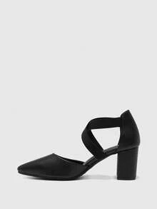 CUCCOO BIZCHIC Women's Fashion Black Elastic Combination Ankle Strap Pointed Toe Chunky High Heel Pumps, Suitable For Commuting, Dating, Party, Wedding, Holiday, Hollow Out - Black - View 10