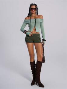 TypaGal Winter Summer Party  Y2K Edgy Chic Urban Bold Modern Rebel Sparkle Wild Sexy Stylish Green Drawstring Bow Knitted Slim-Fit  Women's Fashionable Sexy Criss-Cross Lace-Up Low Waist Mini Shorts - Dark Green - View 4