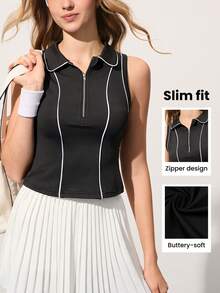 CourtClass Women's Zipper Placket Casual Fitness Polo Shirt - Black - View 1