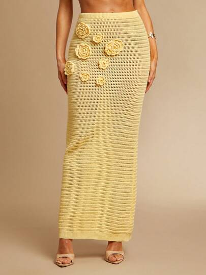 Silquee Creamy Yellow 3D Floral Crochet Midi Skirt.New Spring/Summer High-End Openwork Cover-Up, Suitable For Summer Beach Vacations, Casual Bohemian Style, Holiday Parties, Retro Women's Wear, Old-Money Style, Cute Airport Street Style, Country Music Concert Style.Fashionable Knitted Women Cover Up Skirt With Crochet Trim