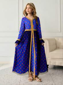Tween Girls' Elegant Blue Floral Dress - Blue - View 3