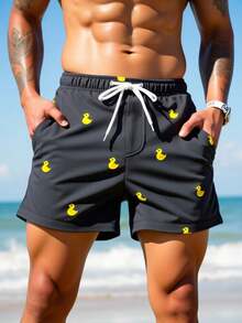 Manfinity Swimmode Summer Men's Casual Beach Shorts With Cute Duck Print Men Beachwear Men Black Swim Trunks Mens Swim Wear Rubber Duck Swim Trunks Mens Bathing Suit Trunks - Grey - View 3