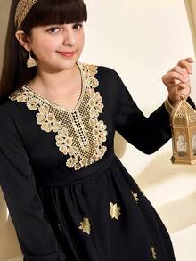 Girls' Dress, Middle Eastern Style Embroidered Collar, Metallic Foil Print, Elegant & Luxurious, Suitable For Spring/Autumn Everyday Wear - Black - View 5