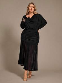 Auralis 大码女装秋冬时尚优雅舒适黑色露背长袖薄纱连衣裙，曲线连衣裙，秋季服装，派对装扮 - 黑色 - 查看 6