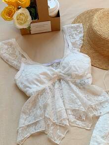 SHEIN EZwear 优雅白色蕾丝不对称下摆女式T恤，夏季 - 白色 - 查看 5