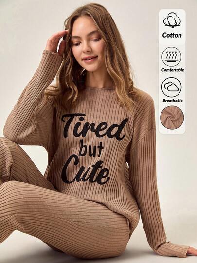 Loomlin Tired But Cute – Soft Ribbed Knit Loungewear Set For Women, Long Sleeve Pajamas With Slogan Print, Cozy Chic Sleepwear For Lazy Days & Cute Nights